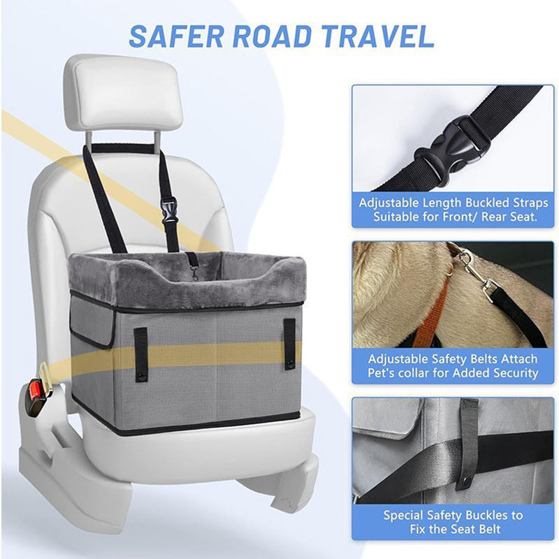 Dog Car Seat Kennel with Pad — Foldable, 39x37x34cm, Black & Gray
