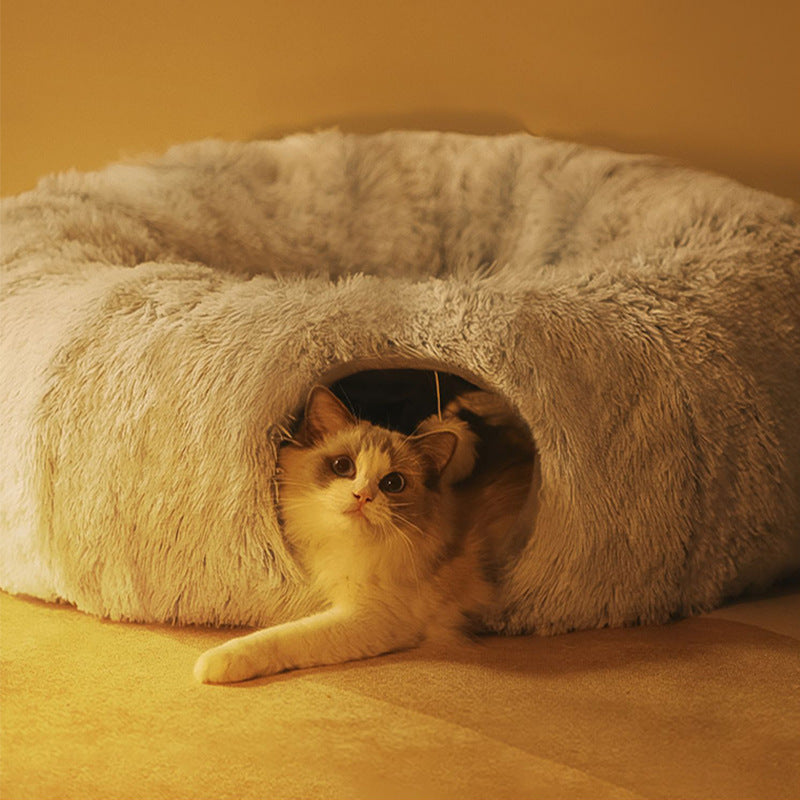 Foldable Cat Tunnel Bed — Plush Collapsible Play Tunnel, Grey & Colour Options
