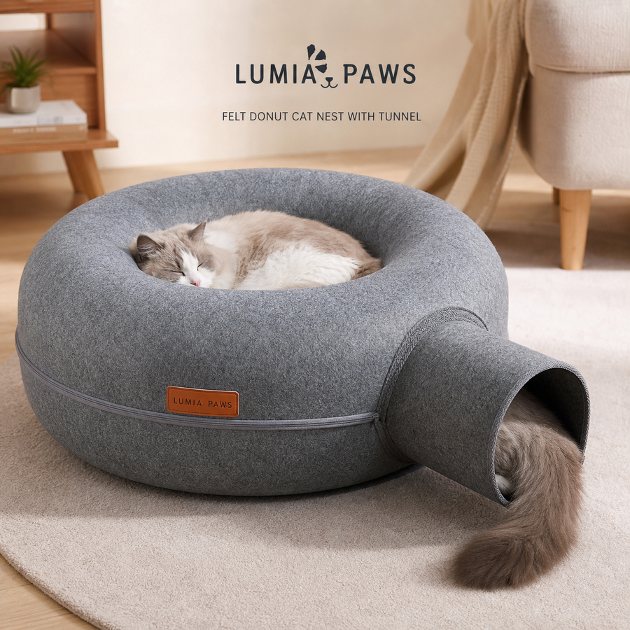 Felt Donut Cat Nest with Tunnel — Wool-Felt, 50x20cm & 60x28cm, 5 Colours