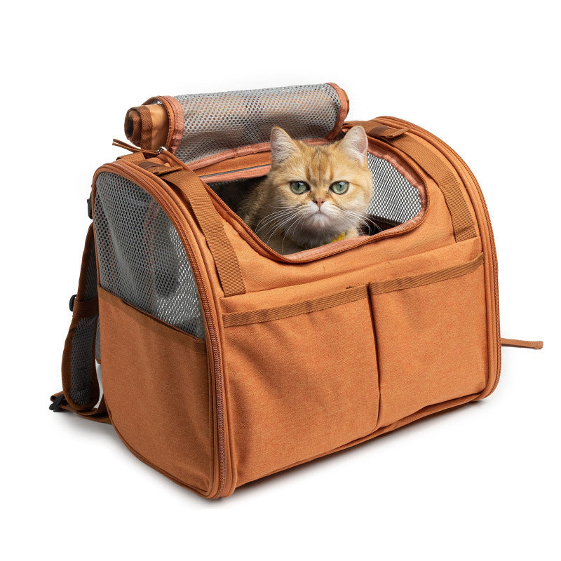 Expandable Cat Carrier Backpack — Mesh Side Window, Foldable, Brown & Gray