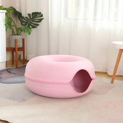 felt donut cat nest with tunnel - feature and design view