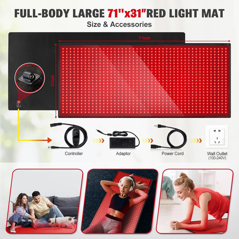 Red Light Therapy Mat — 5 Levels, 9 Timers & Heat for Full-Body Pain Relief