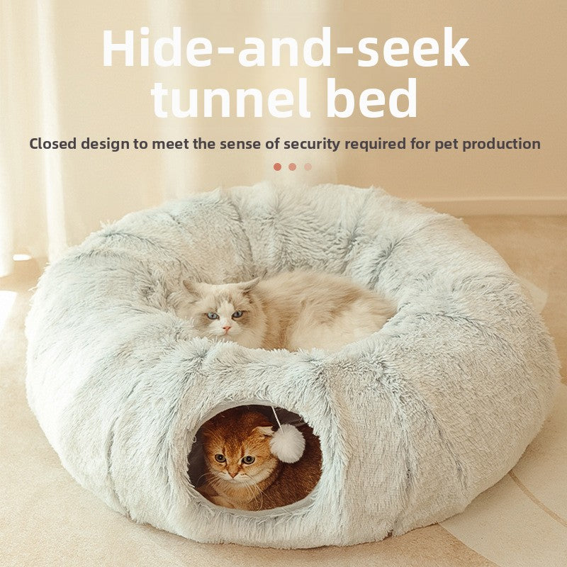 Foldable Cat Tunnel Bed — Plush Collapsible Play Tunnel, Grey & Colour Options