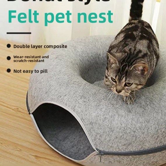 felt donut cat nest with tunnel - premium pet accessory from Lumia Paws