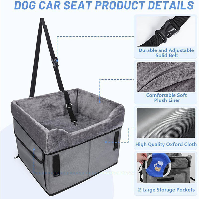 Dog Car Seat Kennel with Pad — Foldable, 39x37x34cm, Black & Gray