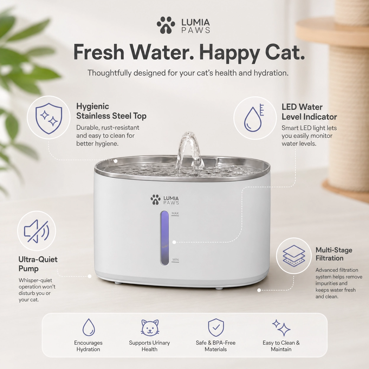 Cat Water Fountain Dispenser — 3.2L Filtered Flowing Water, USB / EU / US Plug