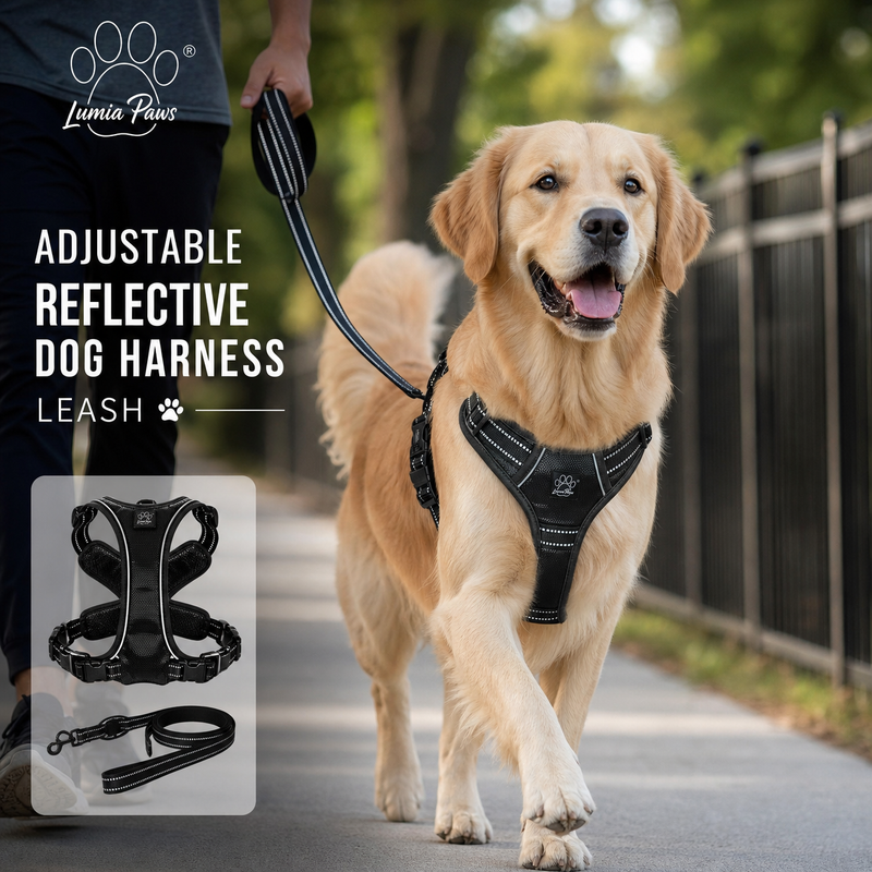 Reflective Dog Harness with Leash — Adjustable, XL–3XL, 150cm Lead