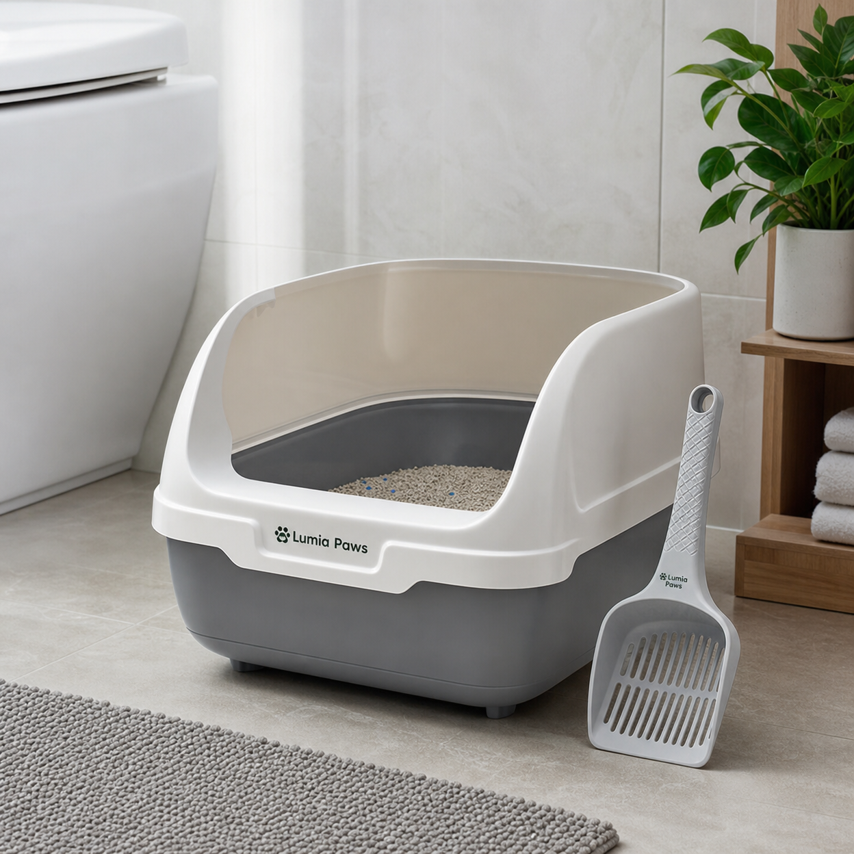 Semi-Enclosed Cat Litter Box with Scoop — 42x29cm & 50x40cm, 3 Colour Options